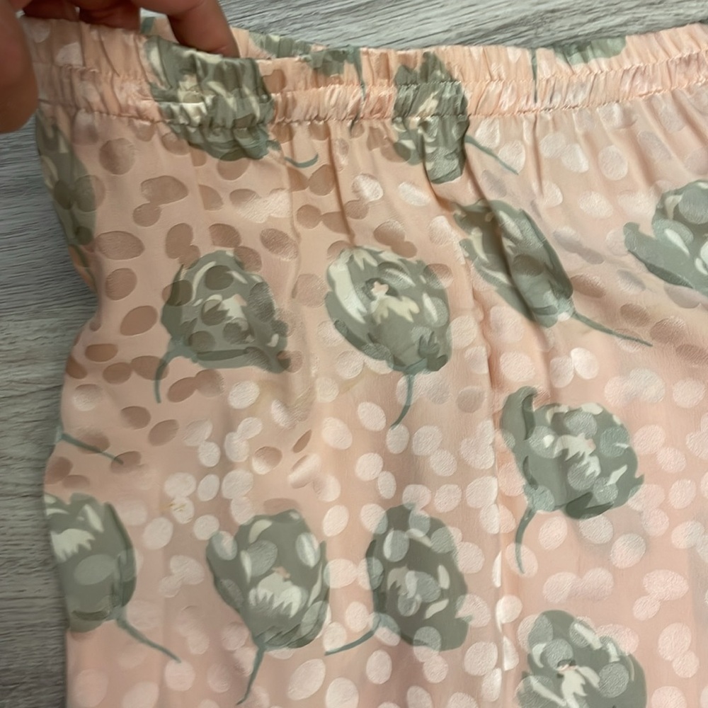 Vintage 100% Silk Pink with Pale Green Floral Elastic Waist Midi Skirt Size 12 - Picture 7 of 11